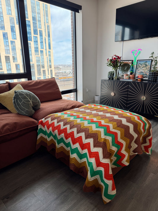 Vintage 1970s Chevron Knit Blanket – Retro Earth Tone Zigzag Throw – 71x61