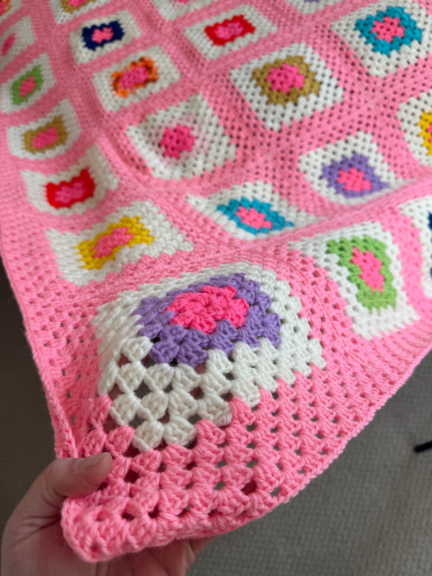 Vintage Hand-Crocheted Granny Square Blanket – Pink Patchwork Throw (82” x 82”)