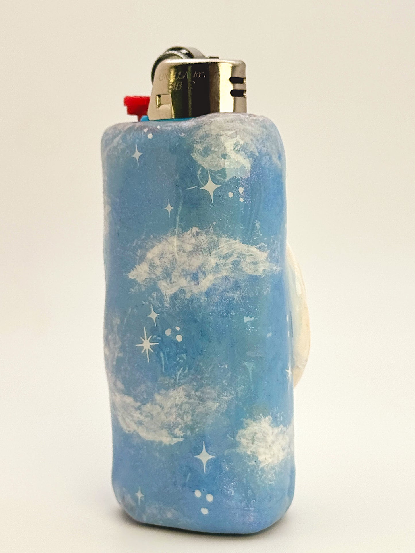 Celestial Moon Lighter Case – Hand-Painted Blue Sky Design