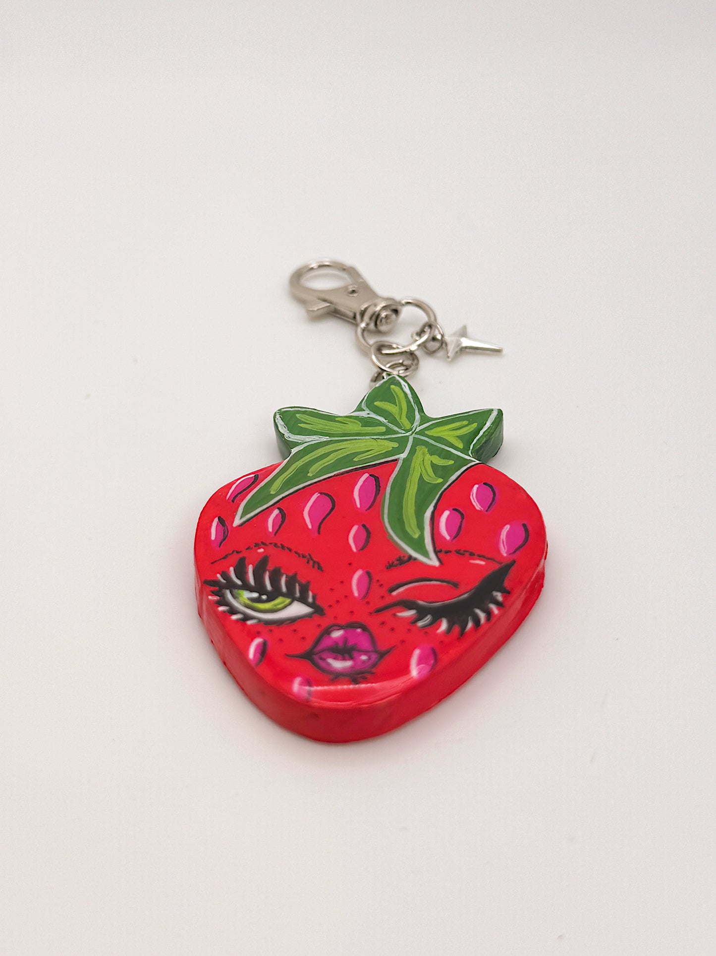 Winking Strawberry Keychain — Hand-Painted Strawberry Face Charm