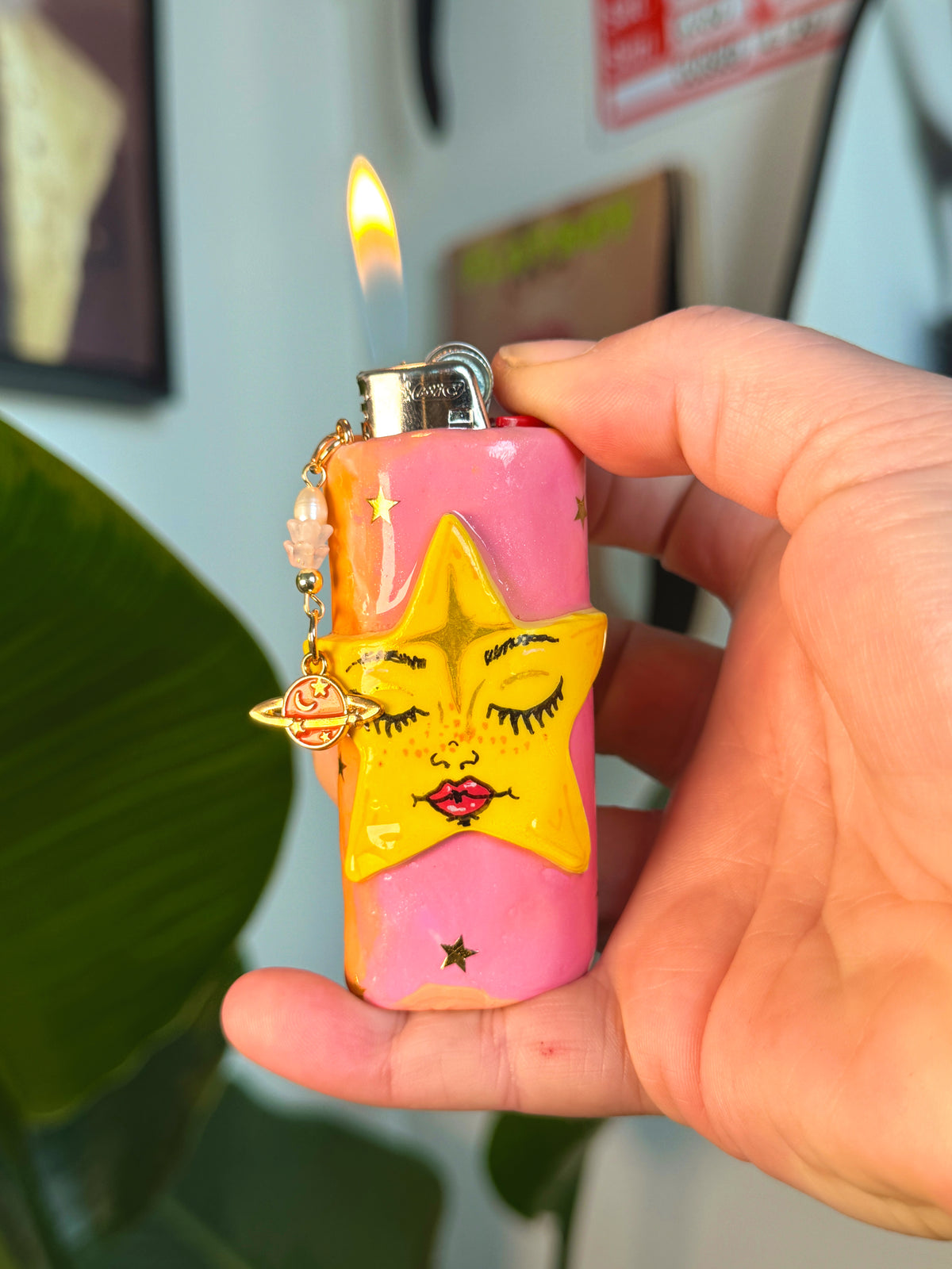 Celestial Star Case with charm| Fits Standard Bic | Handmade Polymer Clay Art