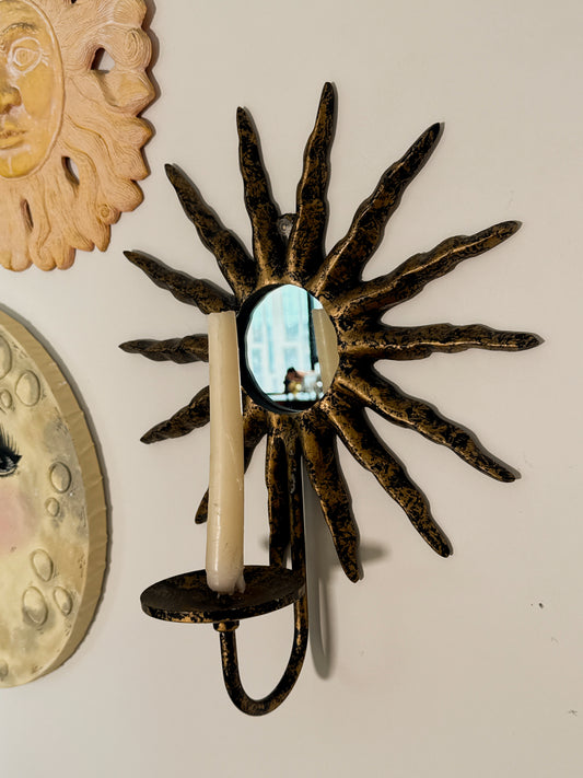 Vintage Sun Mirror Wall Sconce | Celestial Candle Holder | Gold Black Metal Decor