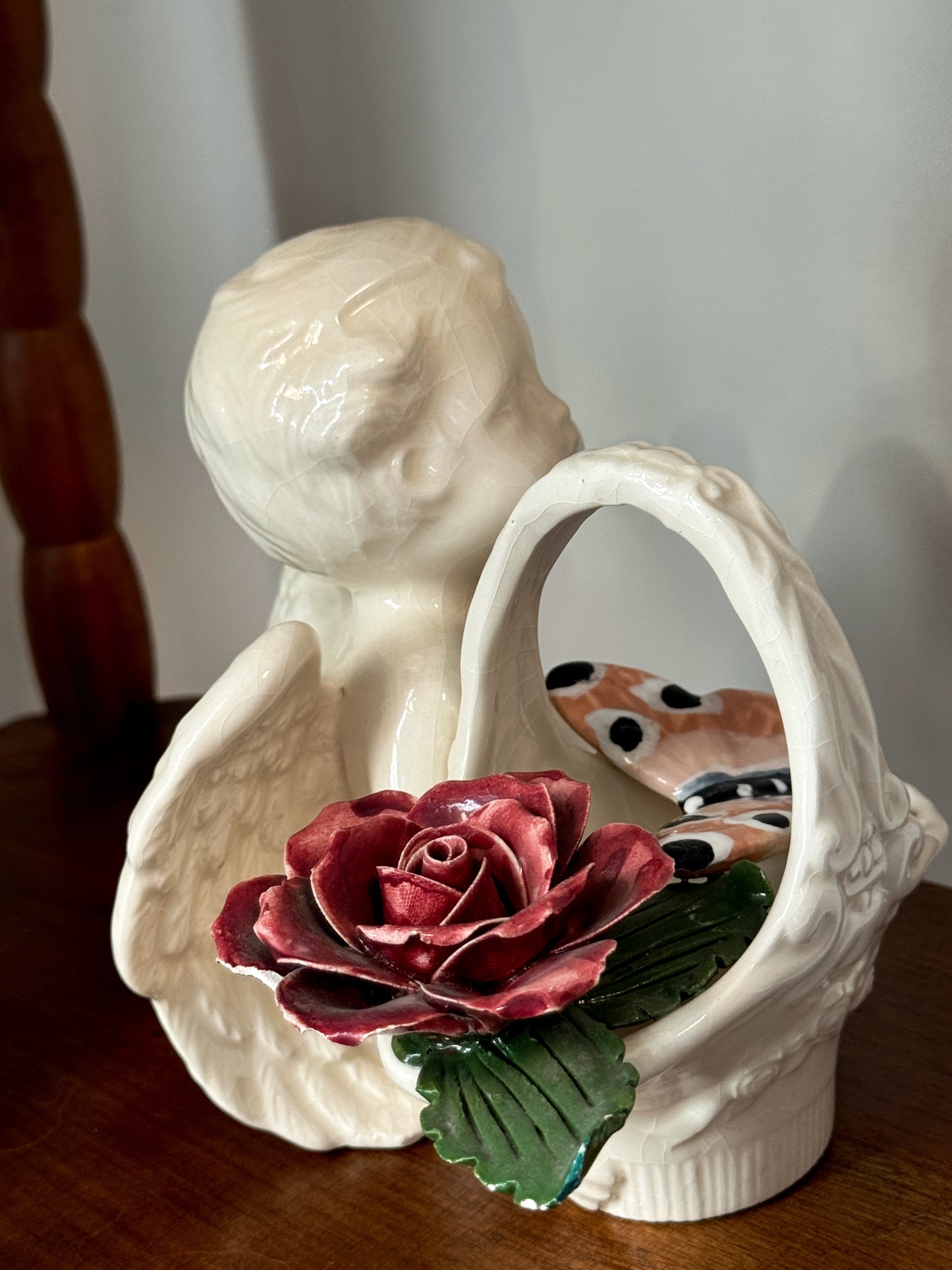 Vintage Ceramic Cherub Figurine with Basket & Rose