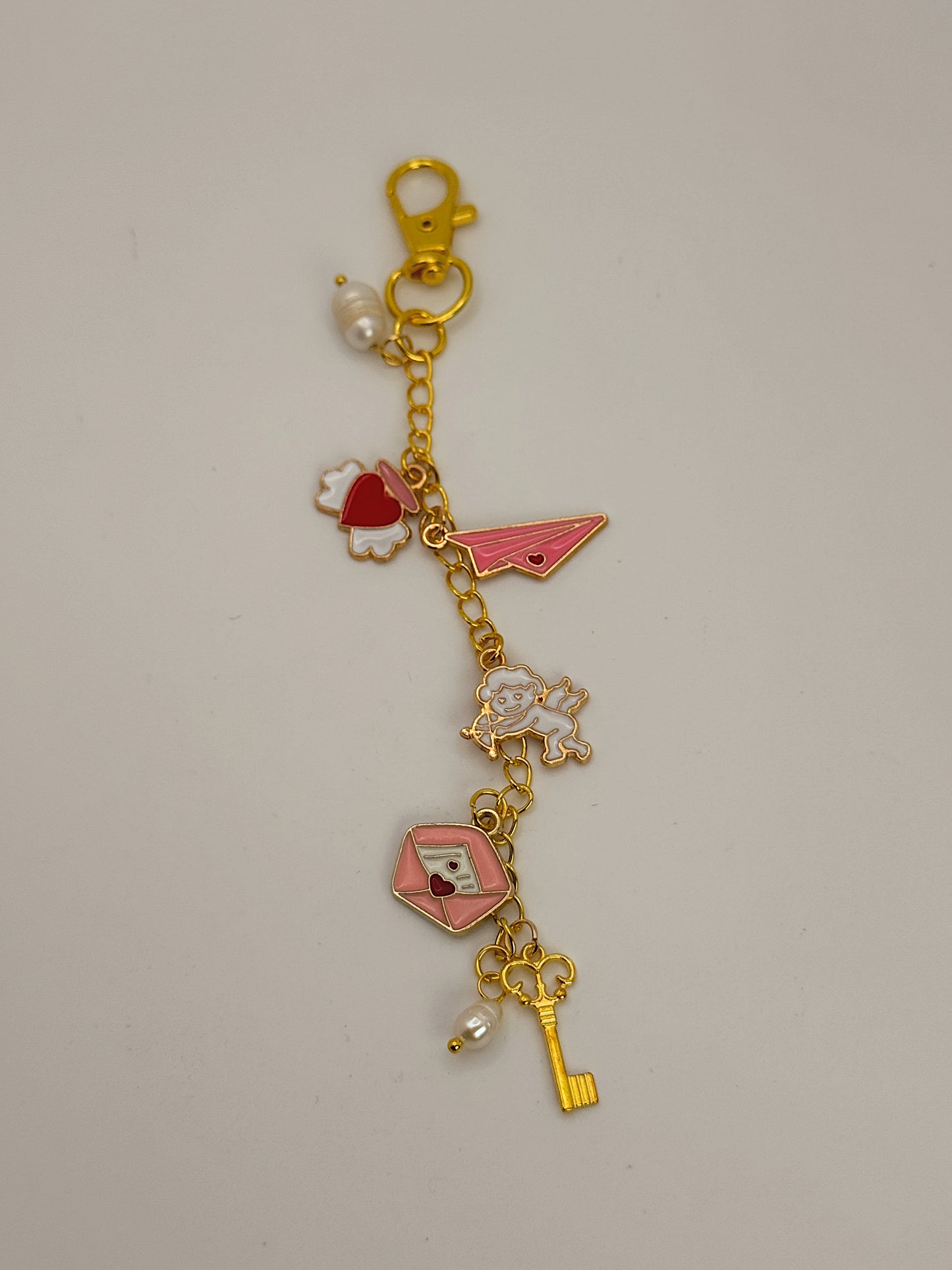 Cupid Love Bag Charm with Heart Clip – Gold Chain Charm with Pearls, Key & Valentine Enamel Charms