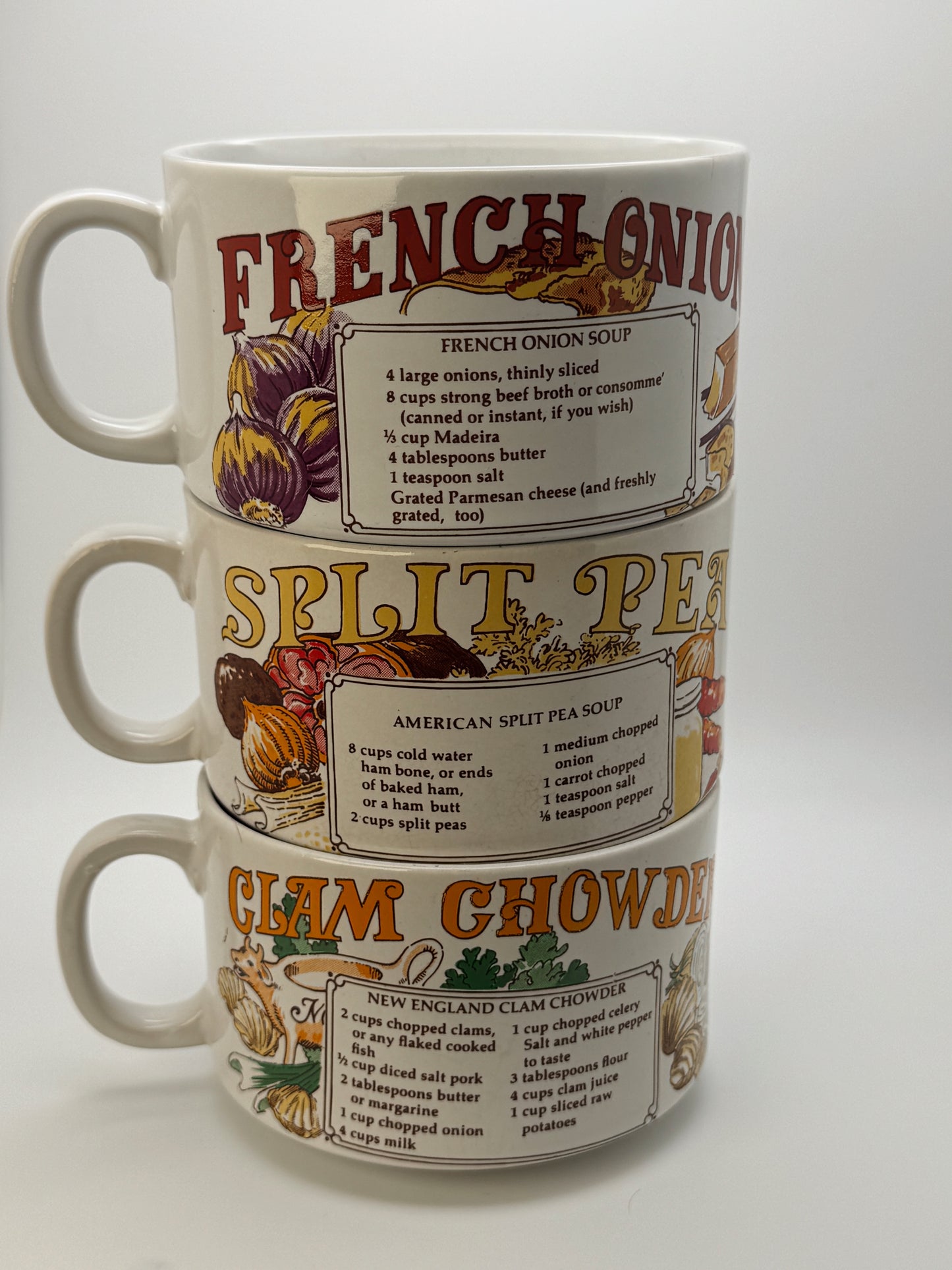 Vintage 1970s Recipe Soup Mug Set – Made in Japan – Clam Chowder, Split Pea & French Onion