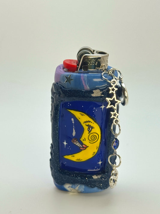 Vintage Frame Smoking Moon Case with charm| Fits Standard Bic | Handmade Polymer Clay Art
