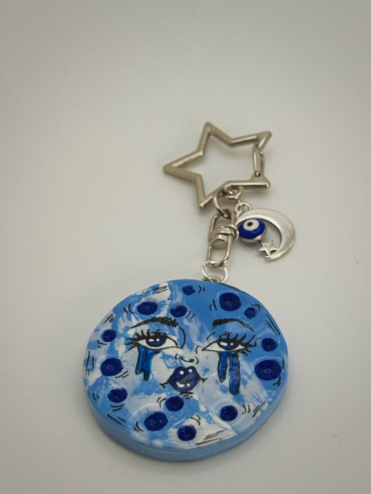 Sad Girl Moon Keychain – Handmade Polymer Clay Bag Charm