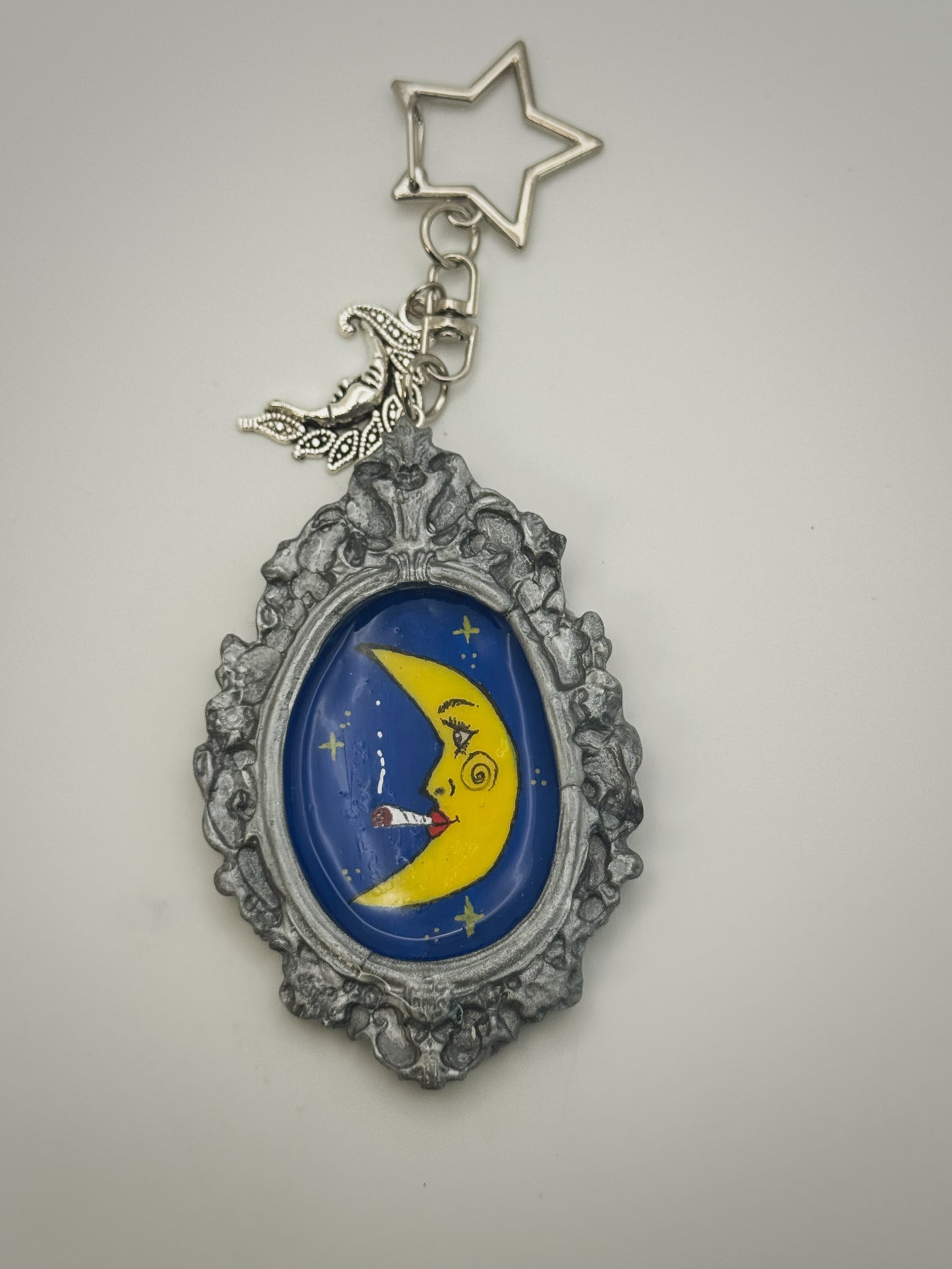 Vintage Frame Smoking Moon Keychain – Handmade Polymer Clay Bag Charm