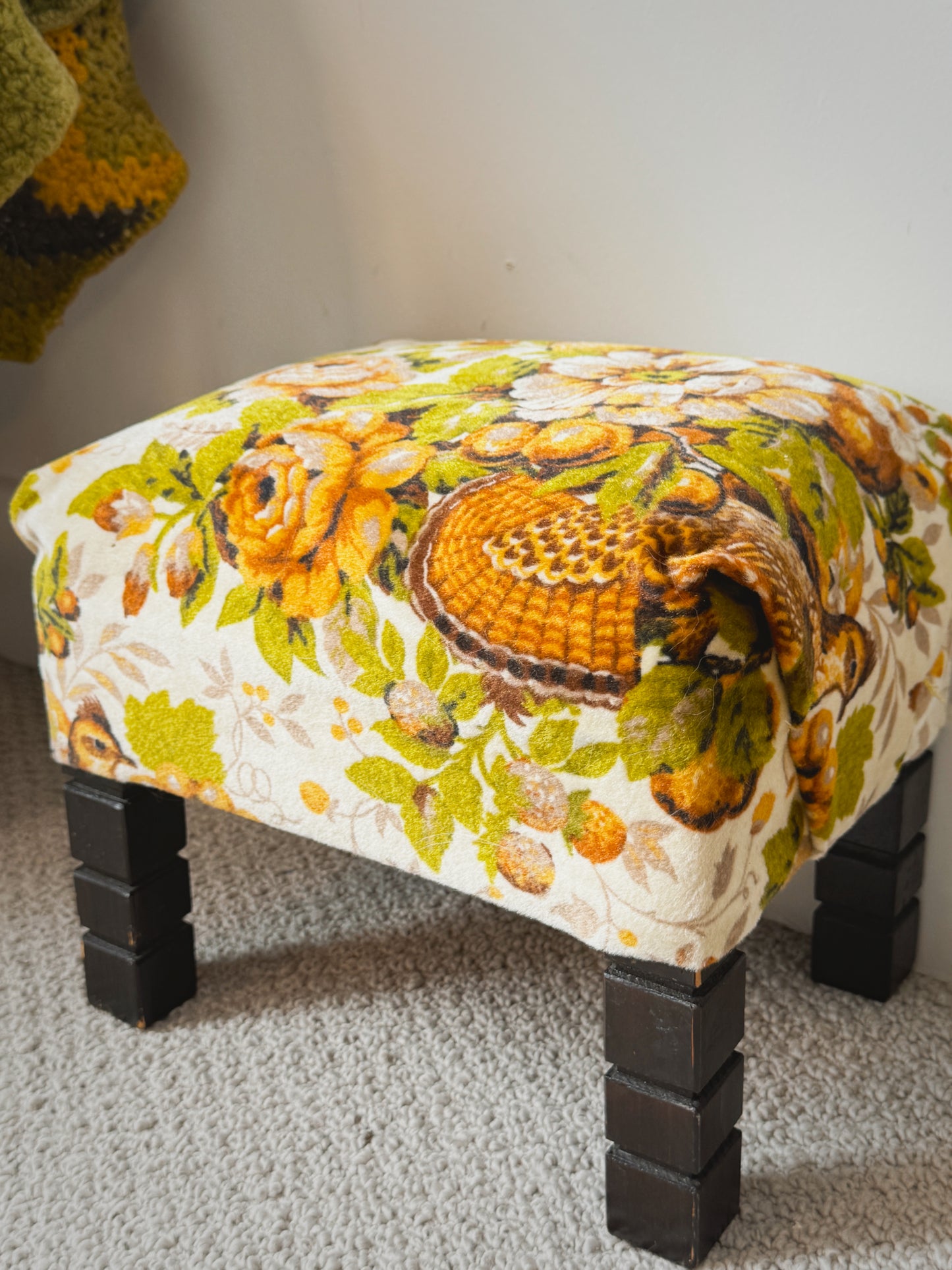Vintage 1970s Velvet Tapestry Footstool – Retro Harvest Pattern Stool