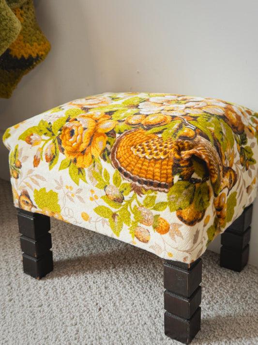 Vintage 1970s Velvet Tapestry Footstool – Retro Harvest Pattern Stool