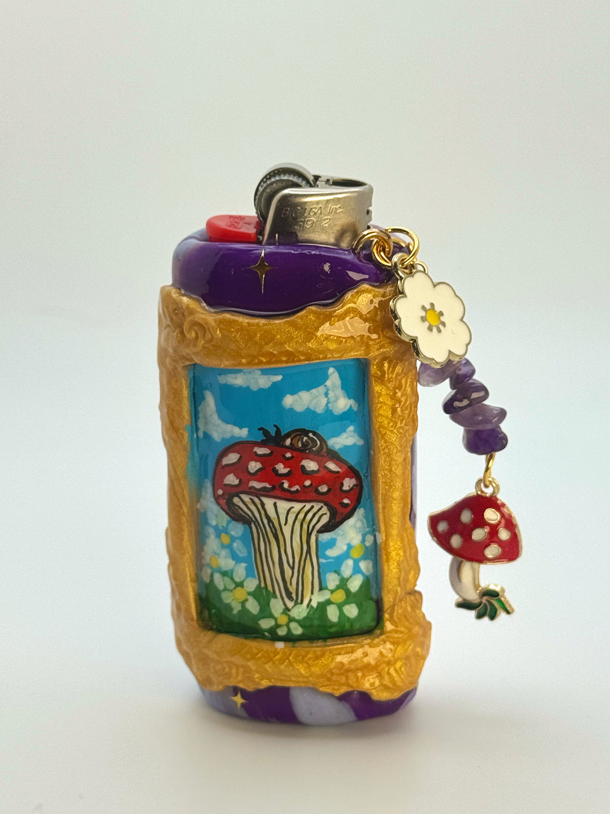Vintage Frame Snail On A Mushroom Case with charm| Fits Standard Bic | Handmade Polymer Clay Art