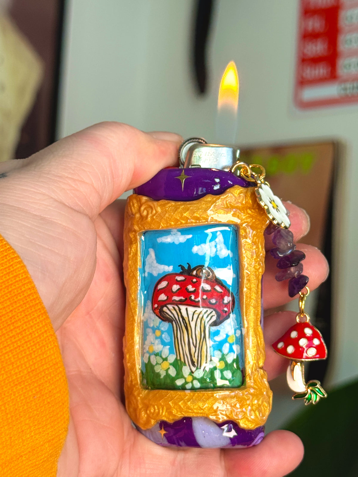 Vintage Frame Snail On A Mushroom Case with charm| Fits Standard Bic | Handmade Polymer Clay Art