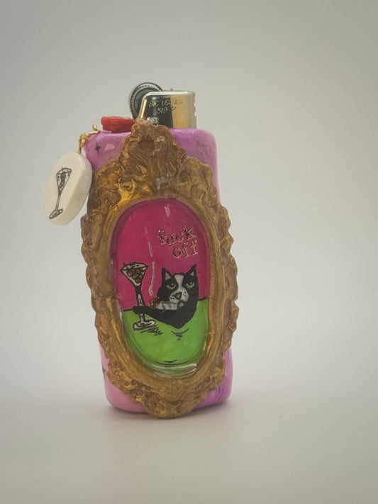 Meowtini Cat Lighter Case with charm| Fits Standard Bic | Handmade Polymer Clay Art
