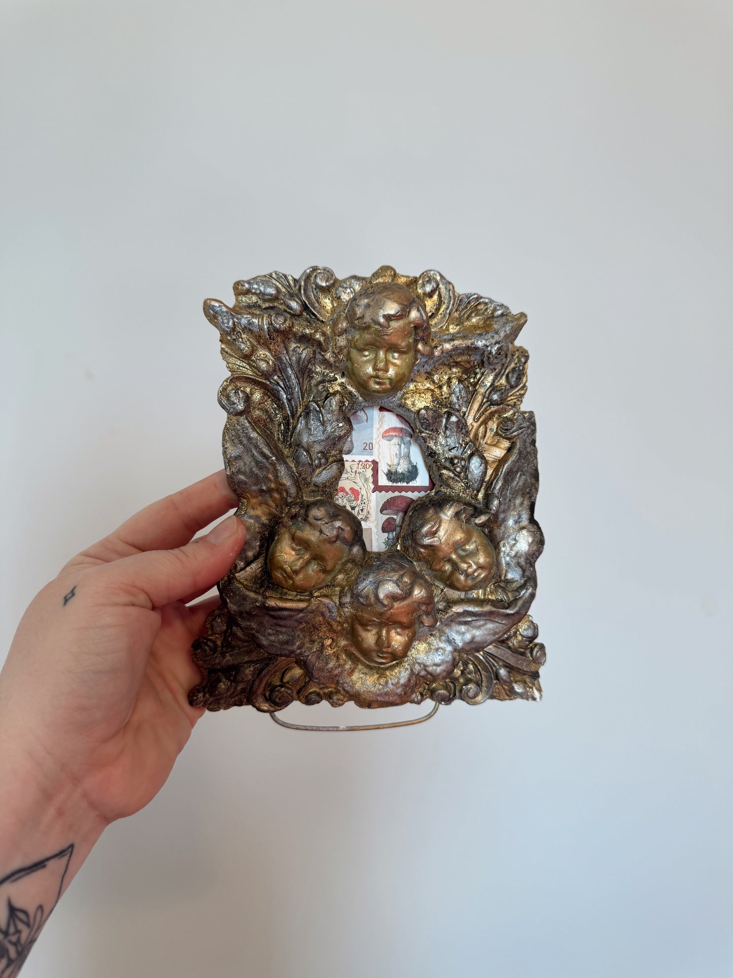 Vintage Ornate Cherub Frame with Antique Stamp Art – Heavy Gilt Finish