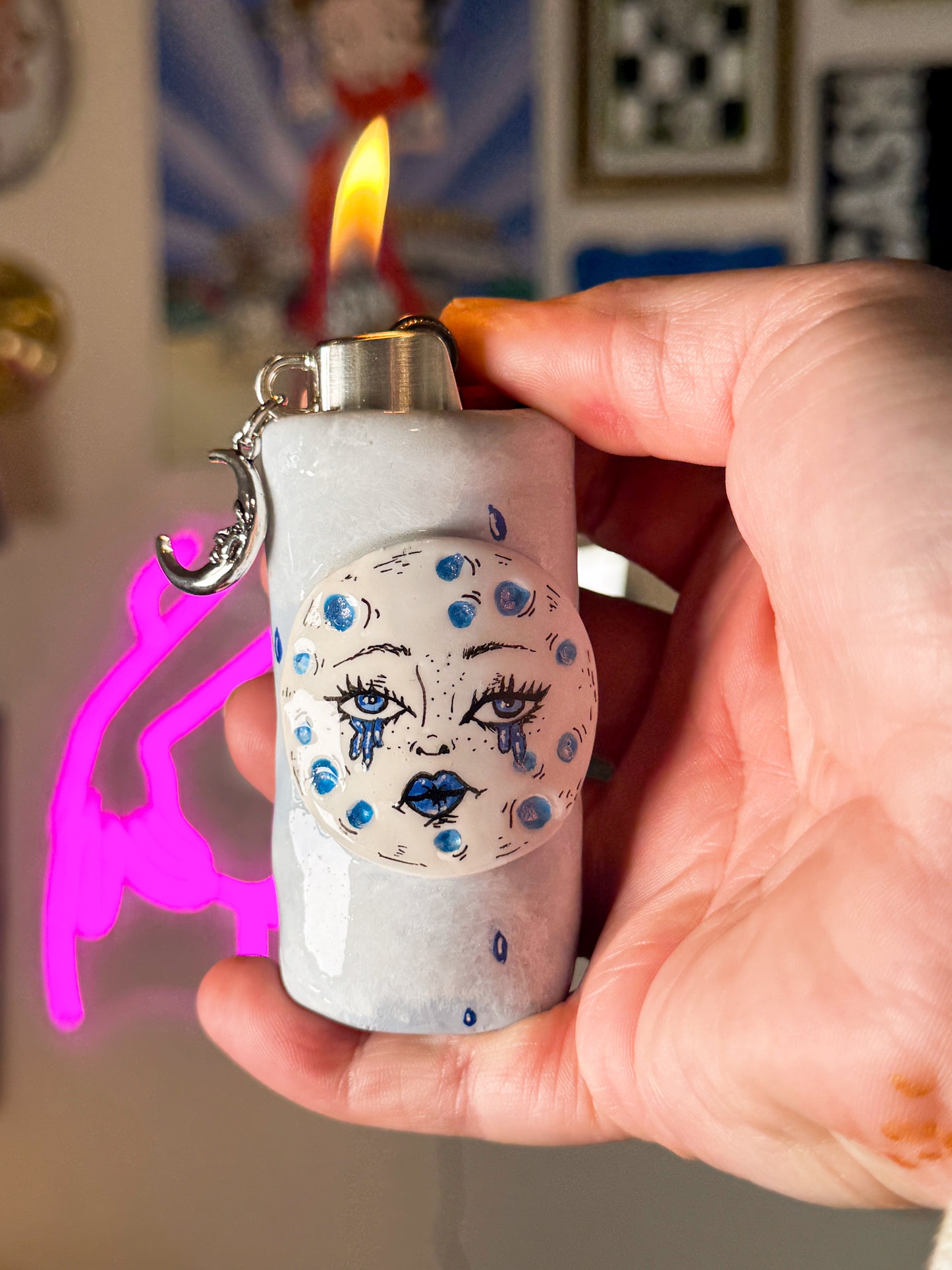 Crying Moon Lighter Case w/ Charm | Fits Standard Bic | Handmade Polymer Clay Art