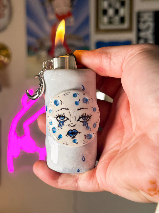 Crying Moon Lighter Case w/ Charm | Fits Standard Bic | Handmade Polymer Clay Art