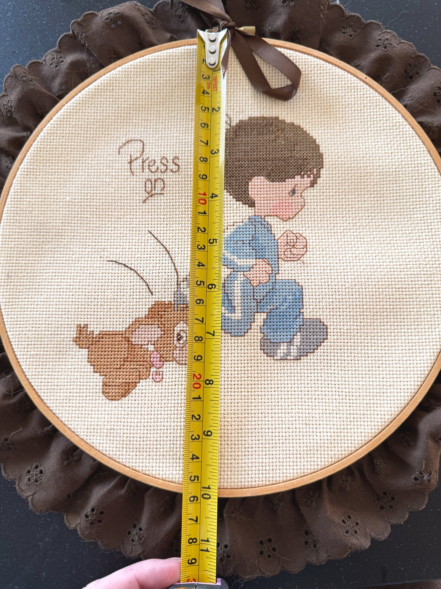 Vintage Nursery Cross Stitch Wall Hanging | Boy & Puppy | Framed Embroidery Hoop
