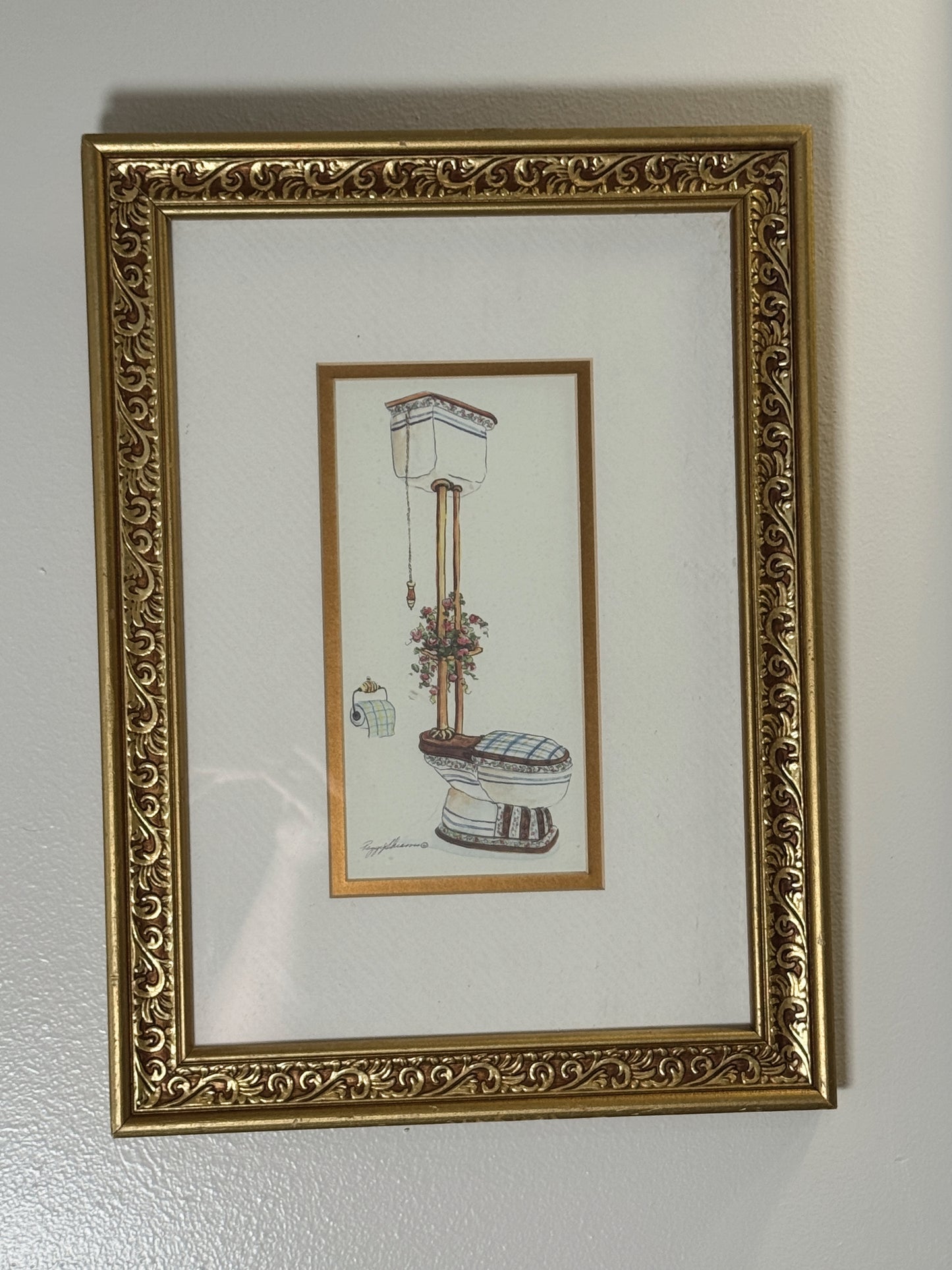 Vintage Victorian Bathroom Illustration in Ornate Gold Frame – 15” x 11”