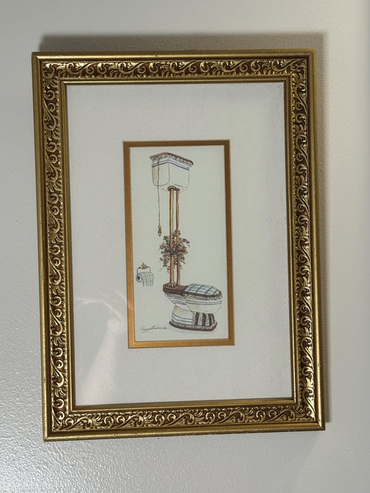 Vintage Victorian Bathroom Illustration in Ornate Gold Frame – 15” x 11”