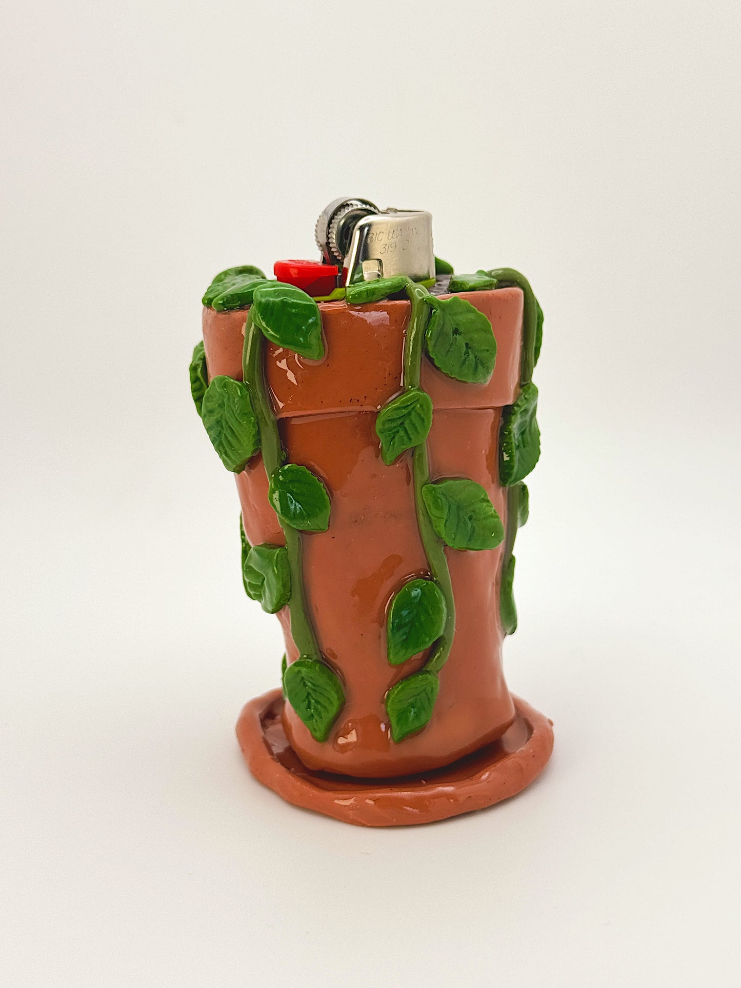 Pothos Lighter Case with Drip Dish – Handmade Polymer Clay