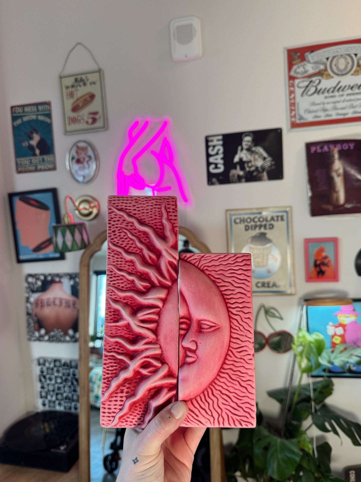 Vintage Pink Ceramic Sun & Moon Sculptural Bookends / Candle Holders (Set of 2)