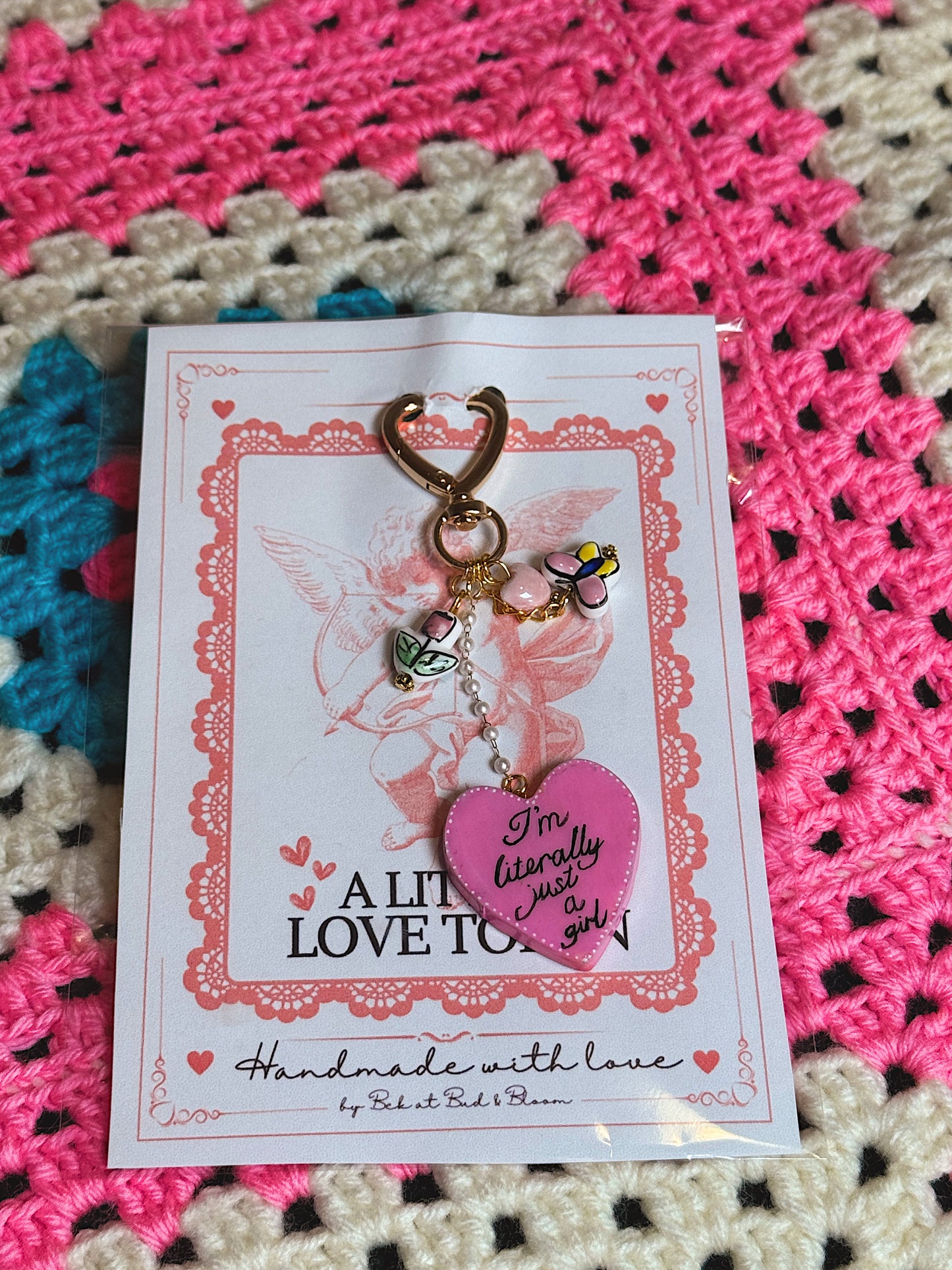 I’m Literally Just a Girl Keychain – Handmade Heart Bag Charm with Gold Clip