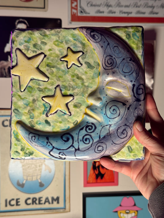 Vintage Celestial Moon & Stars Ceramic Wall Hanging – 8” Hand Painted Art Tile Decor