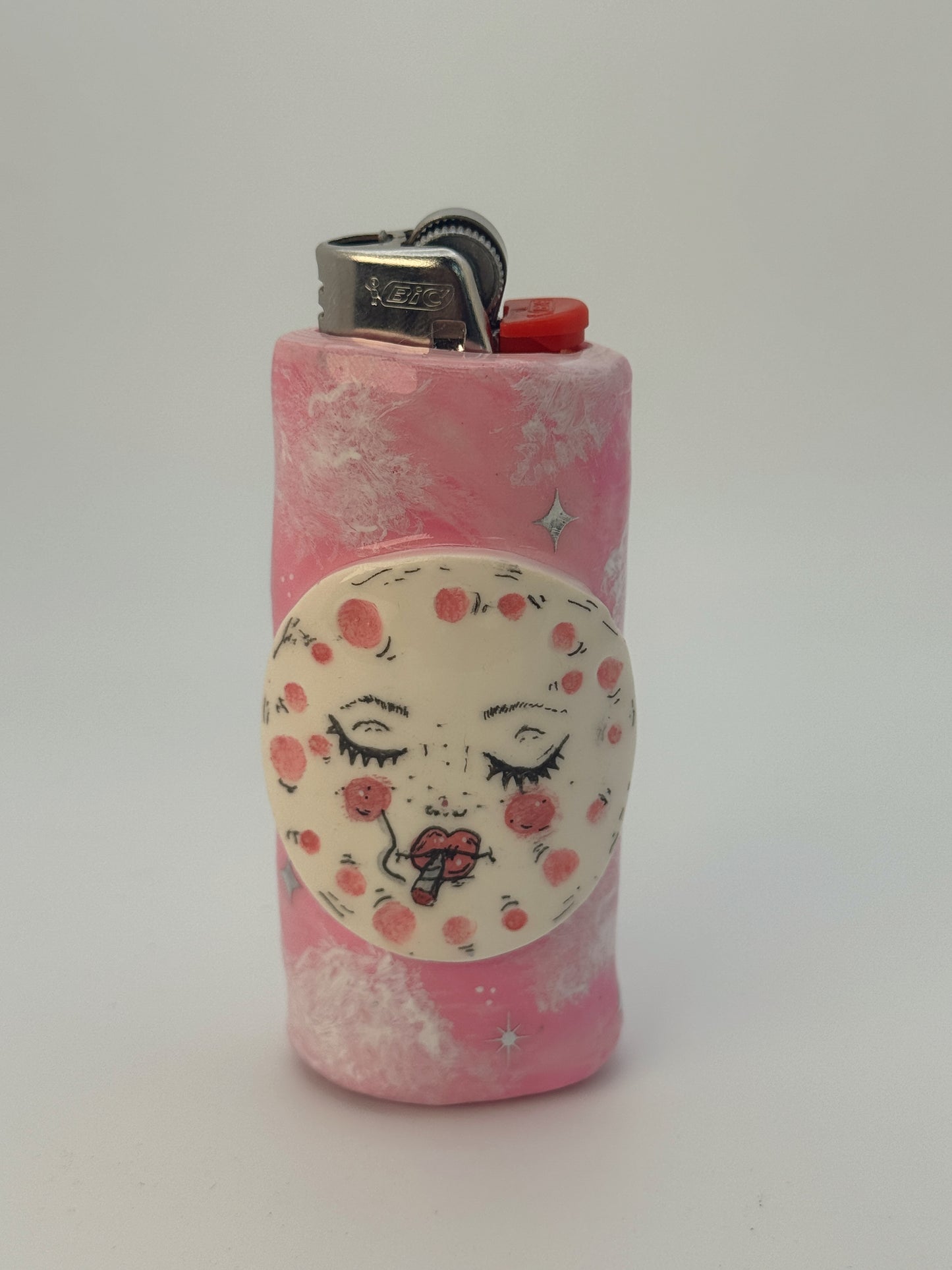 Handmade Smoking Moon Polymer Clay Lighter Case – Pink Celestial Bic Cover