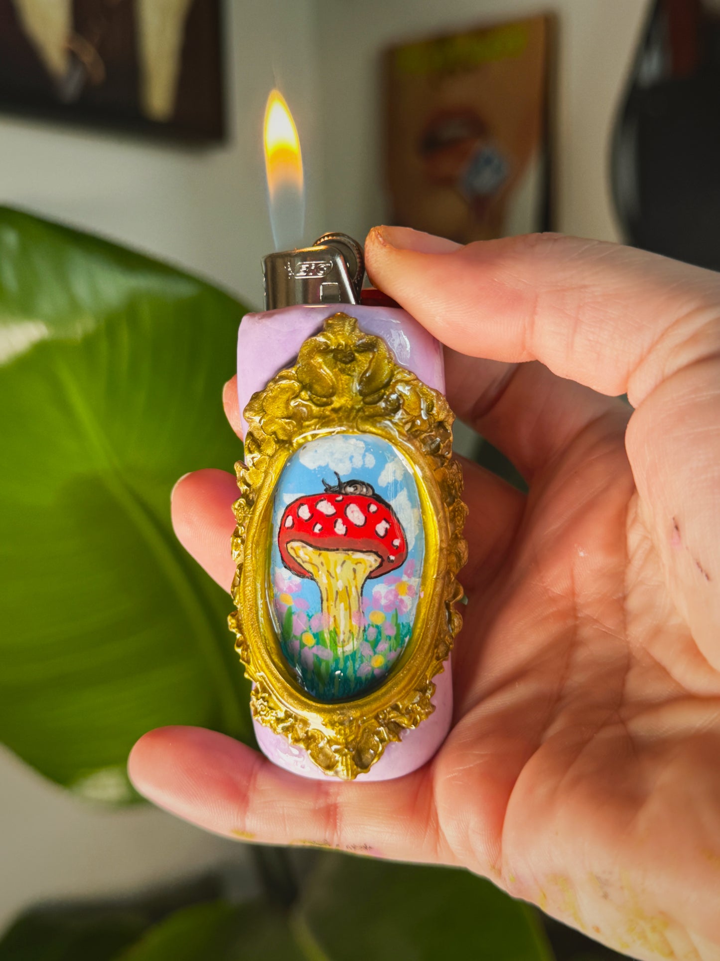 Vintage Frame Snail on Mushroom Lighter Case| Fits Standard Bic | Handmade Polymer Clay Art