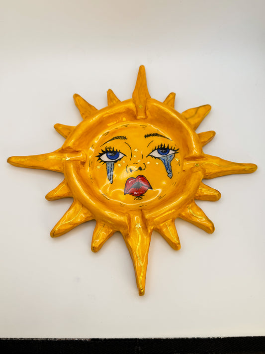 Crying Sun Ashtray – 9” Polymer Clay Celestial Sun Tray