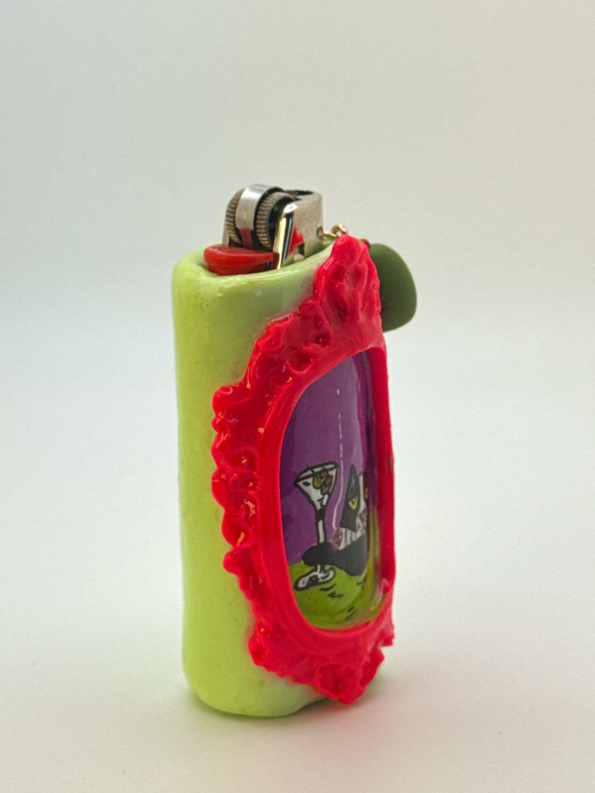 Vintage Frame Martini Kitty Case with charm| Fits Standard Bic | Handmade Polymer Clay Art