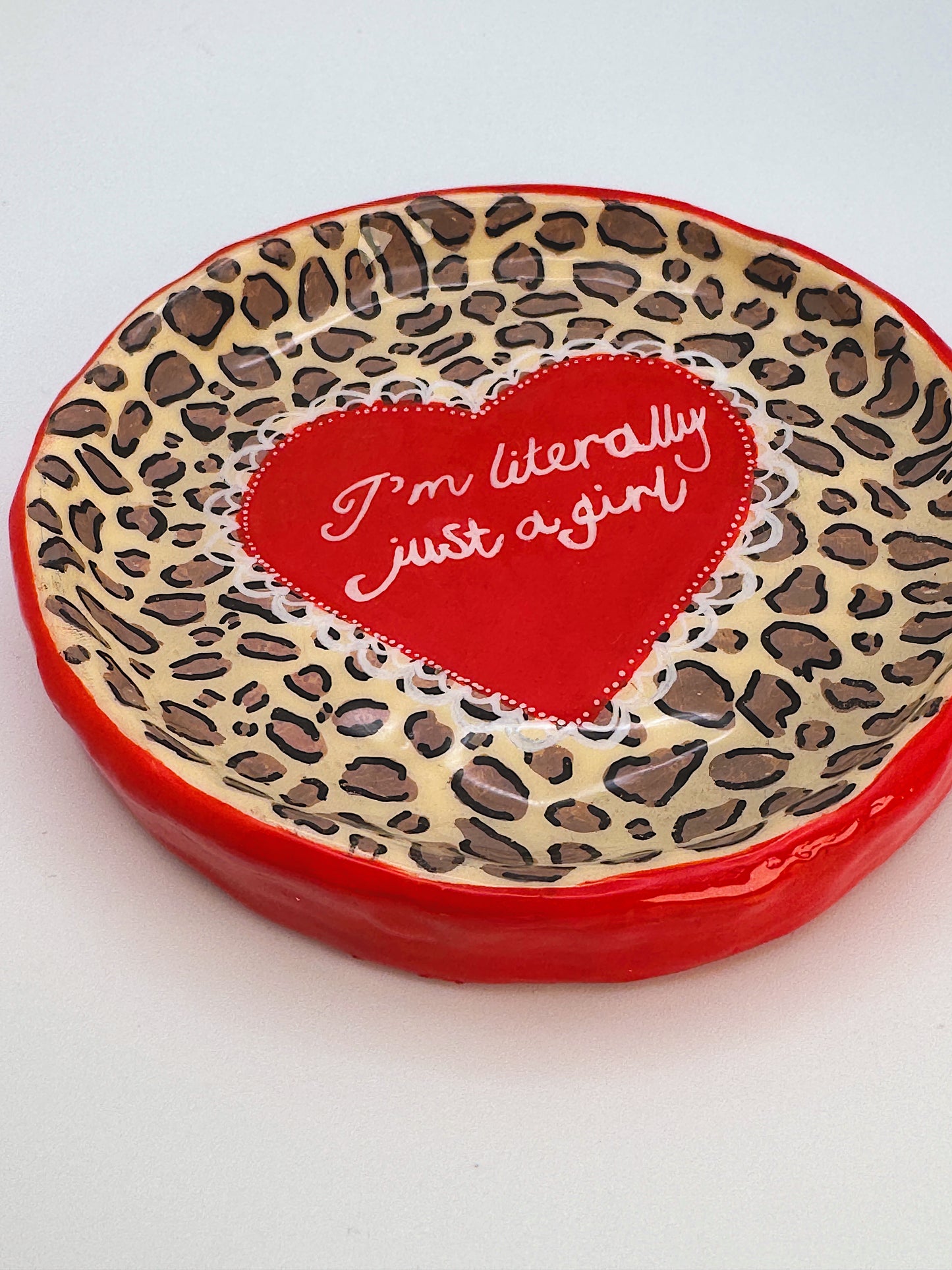 I’m Literally Just a Girl Trinket Dish – Handmade Polymer Clay Cheetah Print Dish with Heart Detail