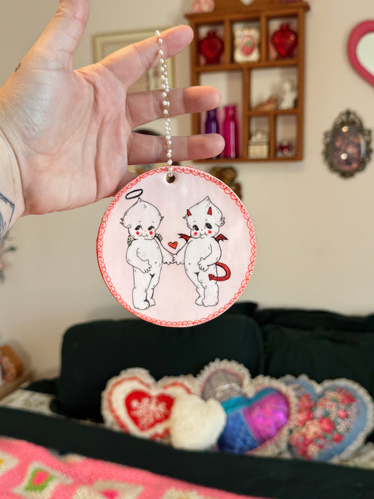 Angel & Devil Wall Hanging – Kewpie Inspired Handmade Pink Heart Décor with Pearl Hanger