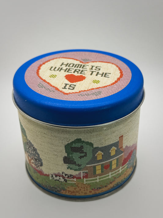 Vintage 4” Cross Stitch Print Tin – “Home is Where the Heart Is” Farmhouse Decor