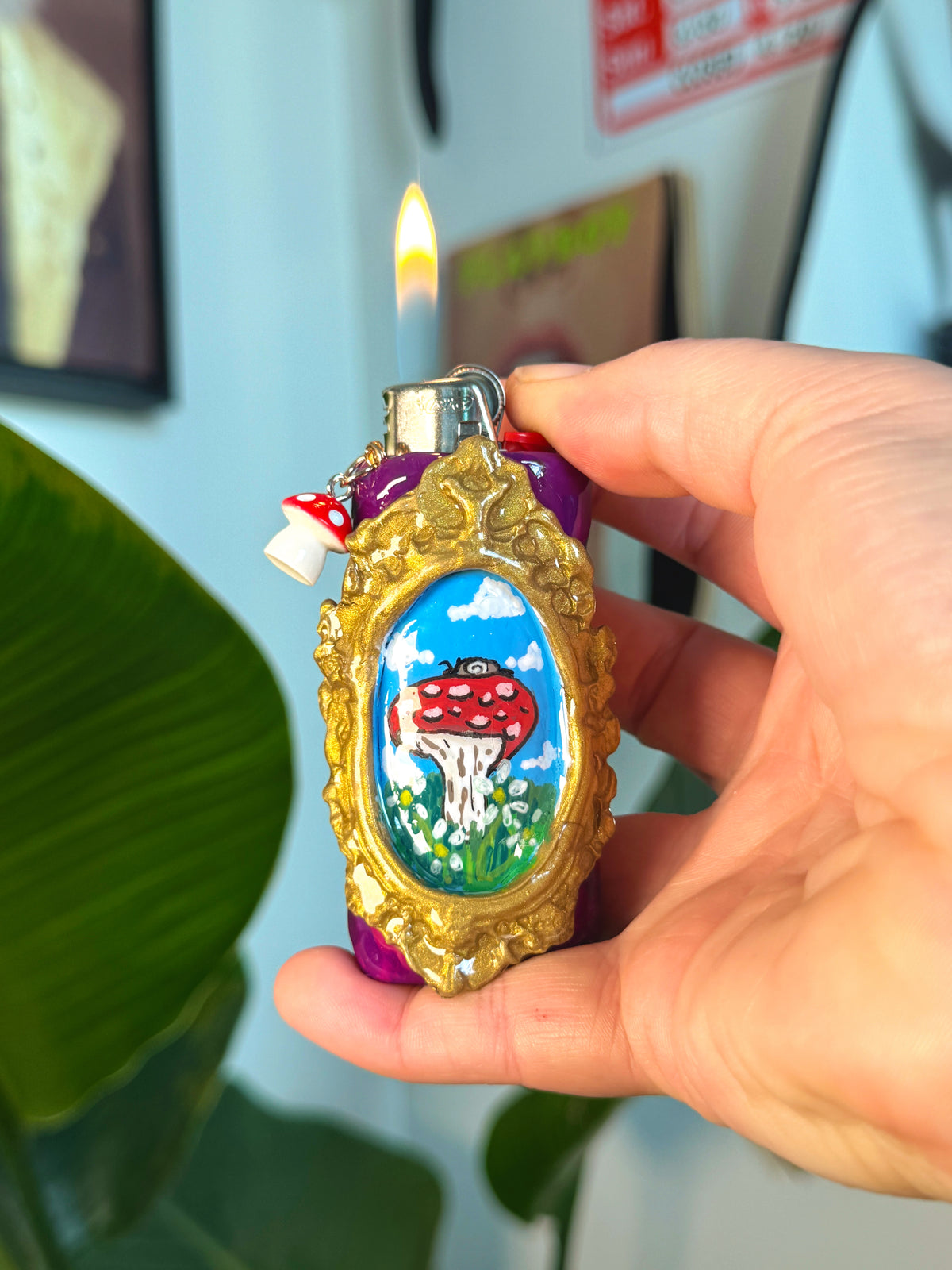 Vintage Frame Snail On A Mushroom Case with charm| Fits Standard Bic | Handmade Polymer Clay Art