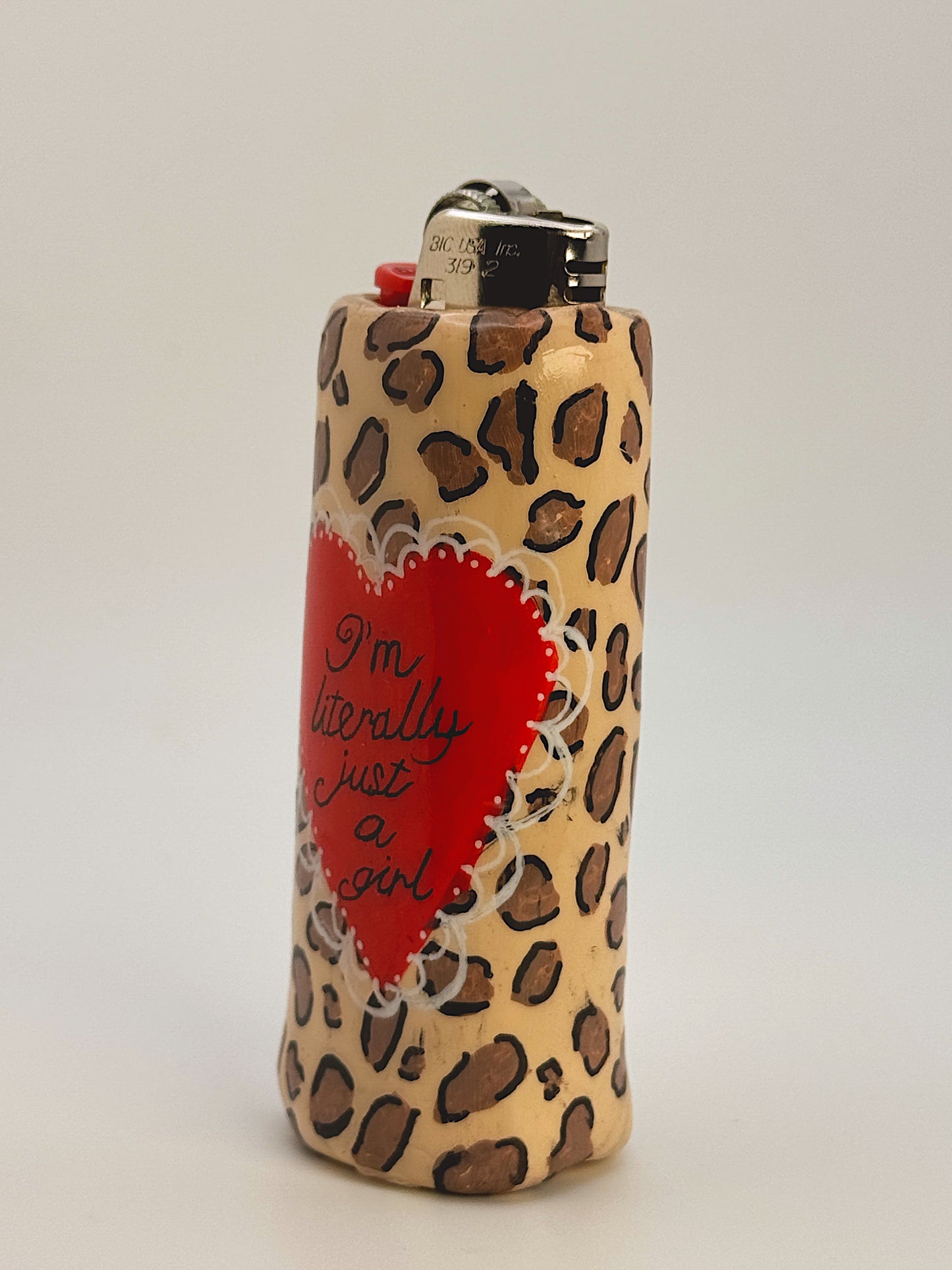 I’m Literally Just a Girl Lighter Case – Handmade Leopard Print Polymer Clay Cover