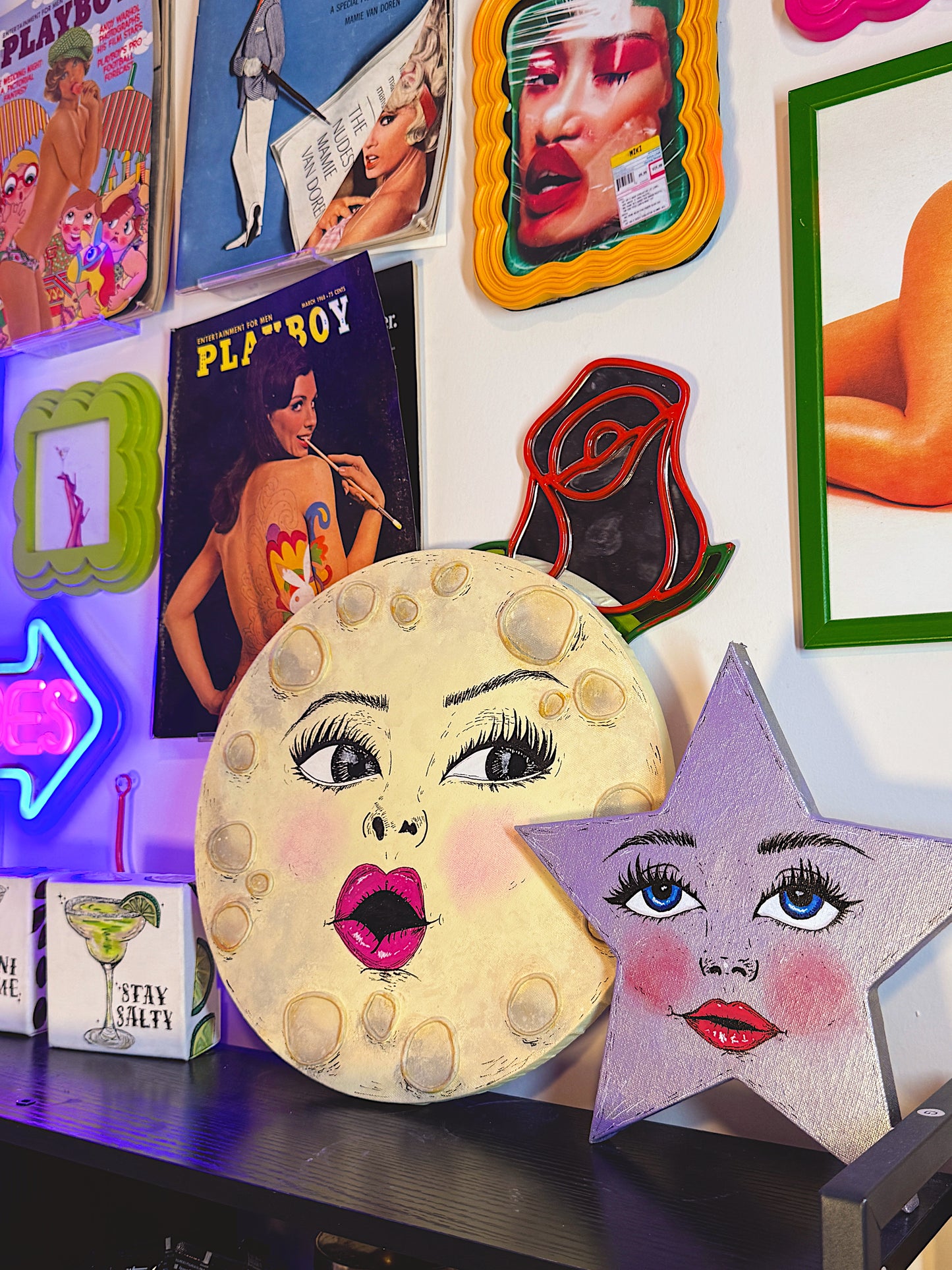 Celestial Star Wall Art – Hand-Painted Star Face Decor— Original 10” Canvas Art