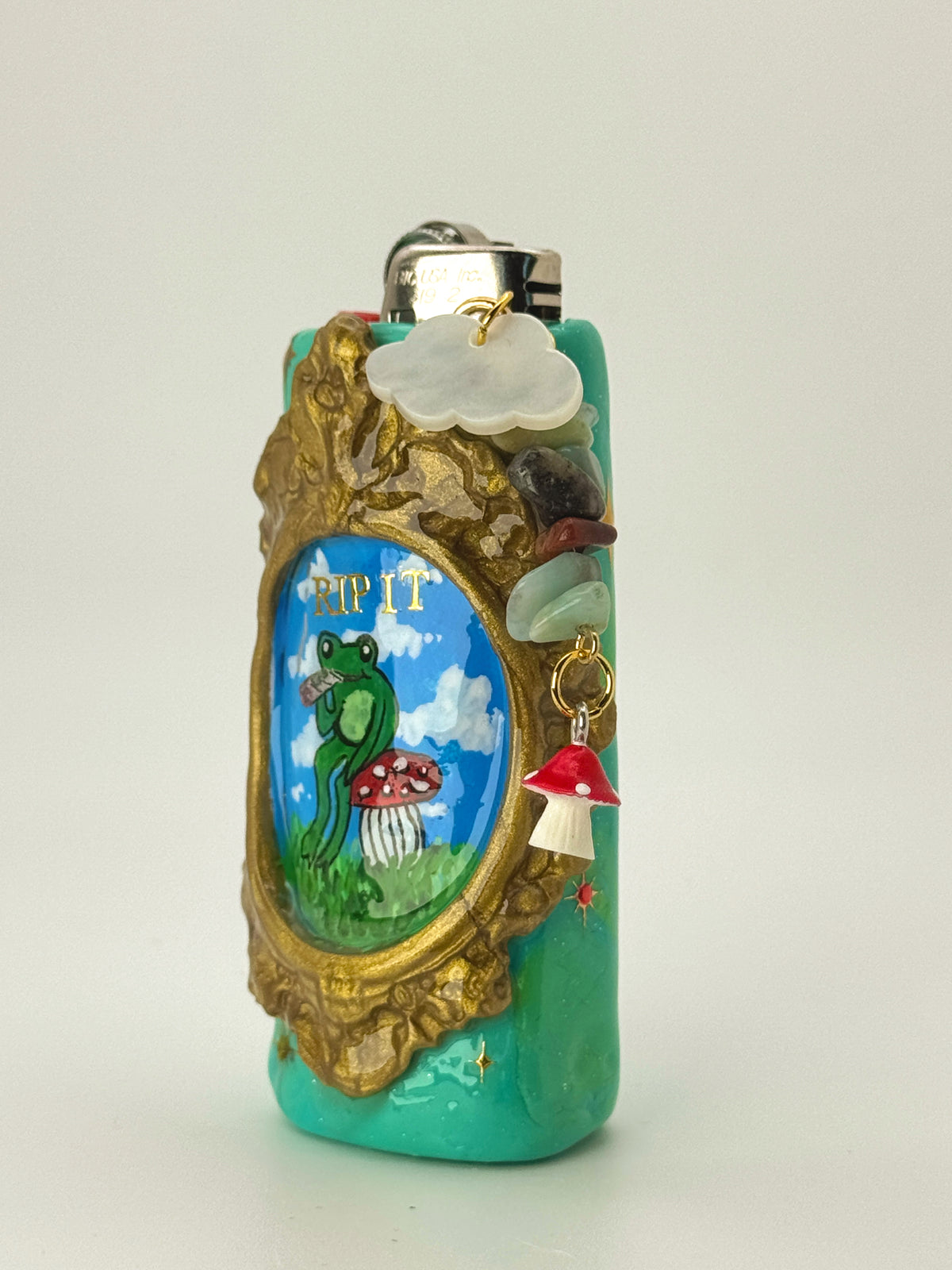 Rip It Frog Lighter Case with charm| Fits Standard Bic | Handmade Polymer Clay Art