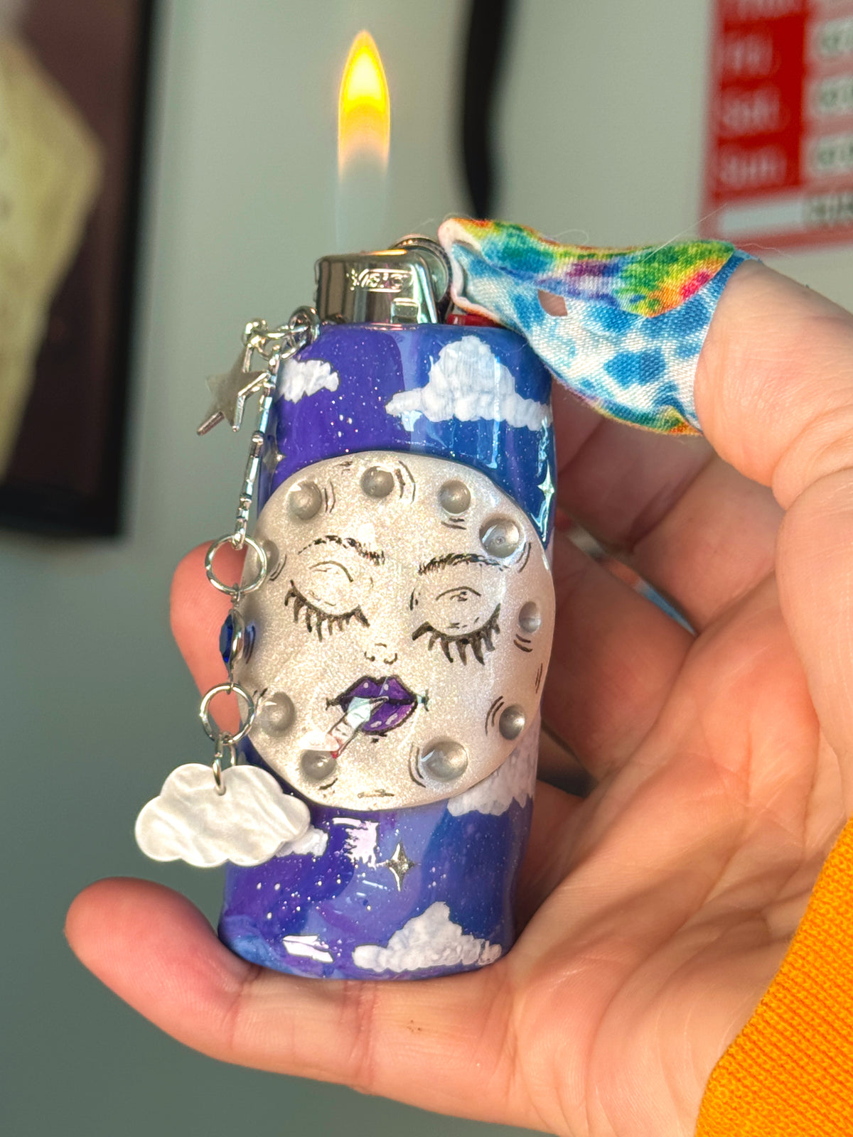 Smoking Moon Case with charm| Fits Standard Bic | Handmade Polymer Clay Art