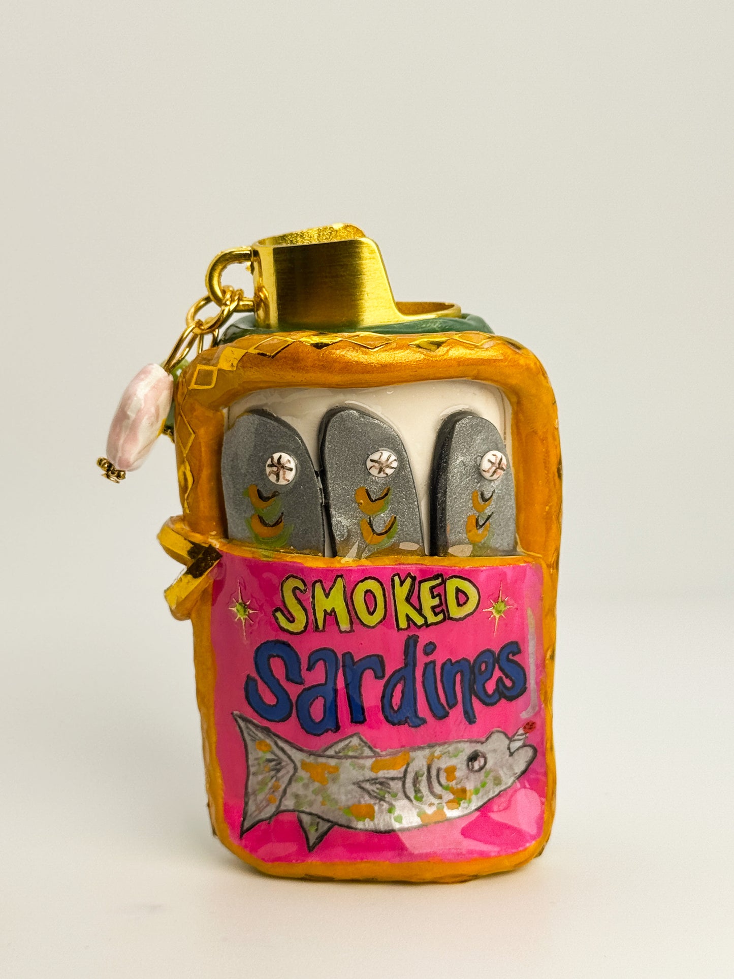 Smoked Sardines Lighter Case w/ Charm | Fits Standard Bic | Handmade Polymer Clay Art