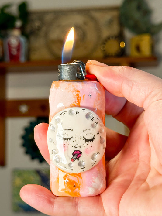 Handmade Smoking Moon Lighter Case – Polymer Clay Celestial Cover – Fits Standard Bic Lighter