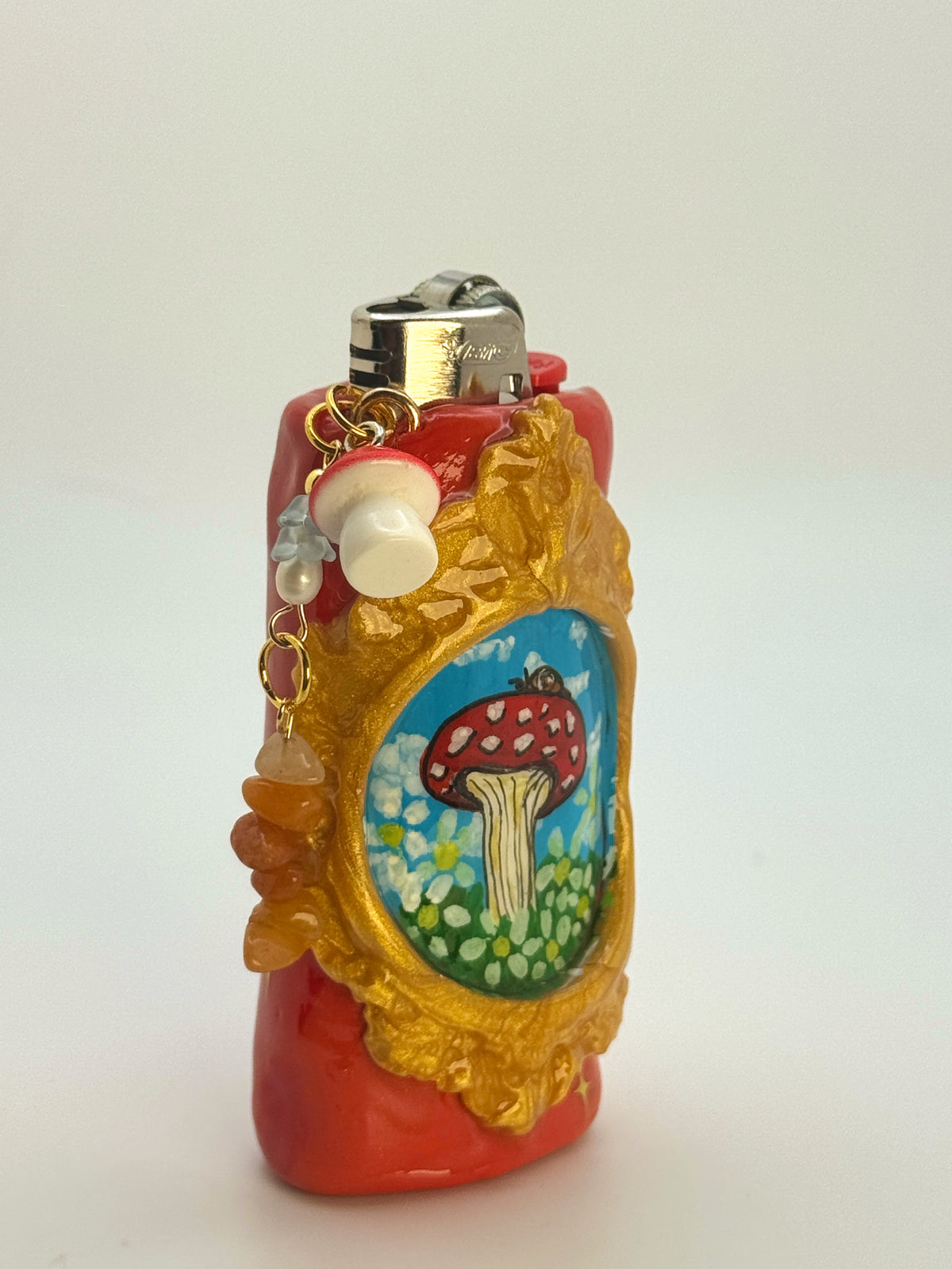 Vintage Frame Snail On A Mushroom Case with charm| Fits Standard Bic | Handmade Polymer Clay Art