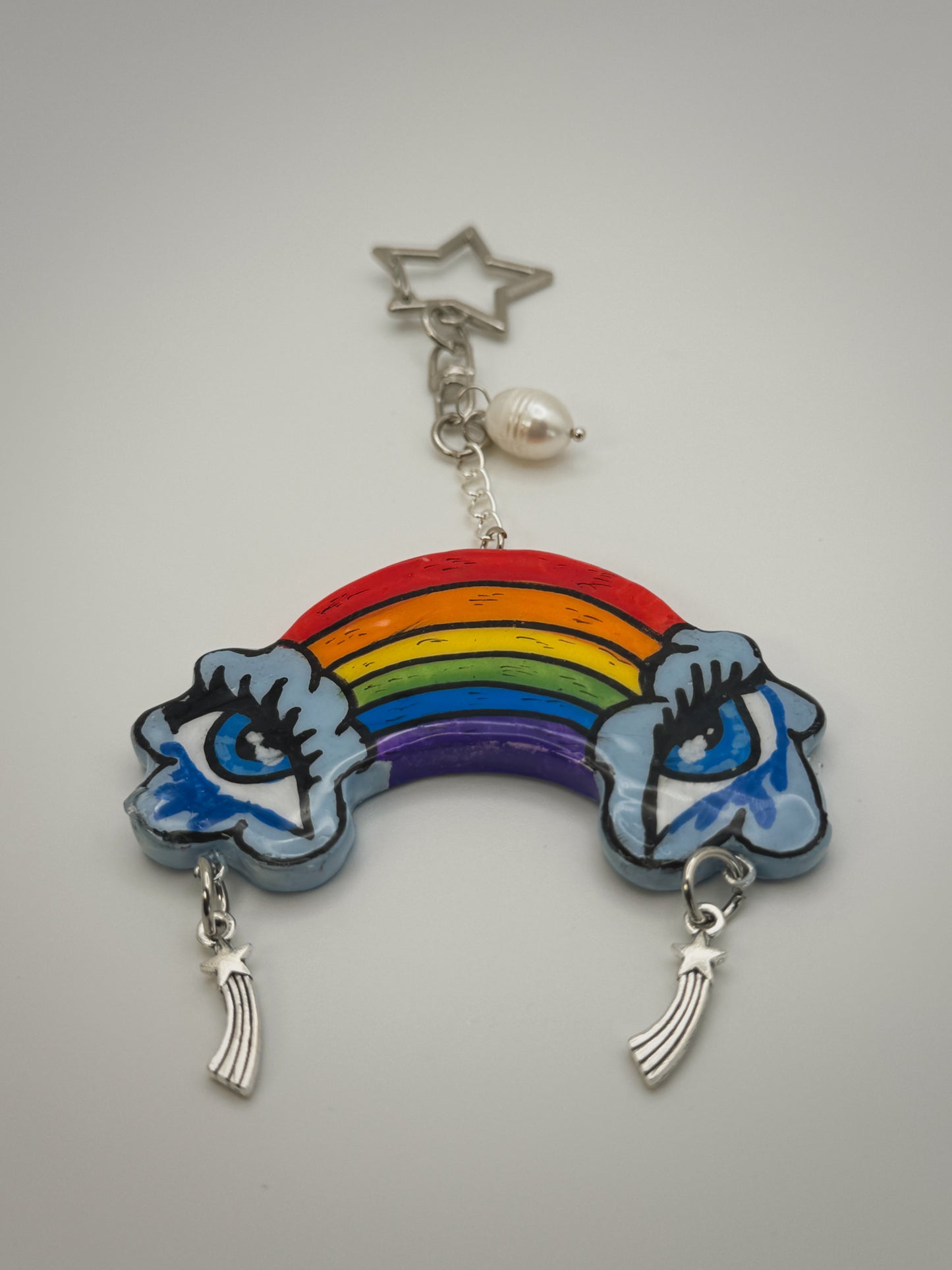 Crying Rainbow Bag Charm (Silver) | Handmade Polymer Clay Key Chain
