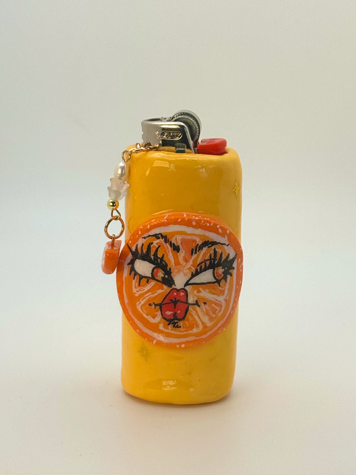 Sassy Orange Case with charm| Fits Standard Bic | Handmade Polymer Clay Art