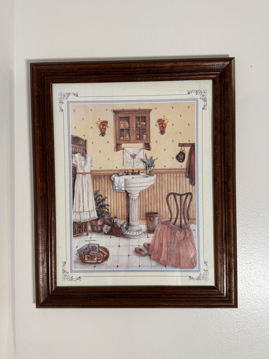 Vintage Framed Bathroom Art Print – Cottagecore Powder Room Scene – 16.5” x 13.5”