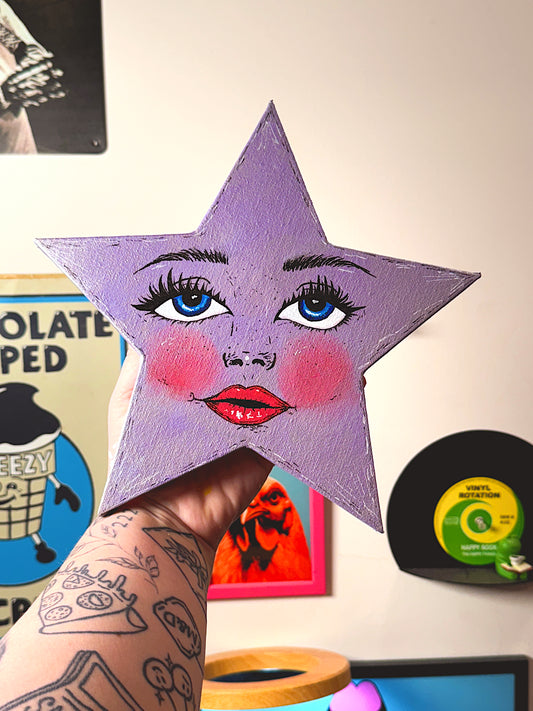 Celestial Star Wall Art – Hand-Painted Star Face Decor— Original 10” Canvas Art