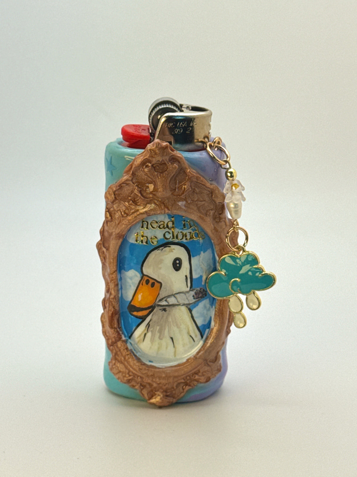 Vintage Frame Head in the Clouds Smoking Duck Case with charm| Fits Standard Bic | Handmade Polymer Clay Art
