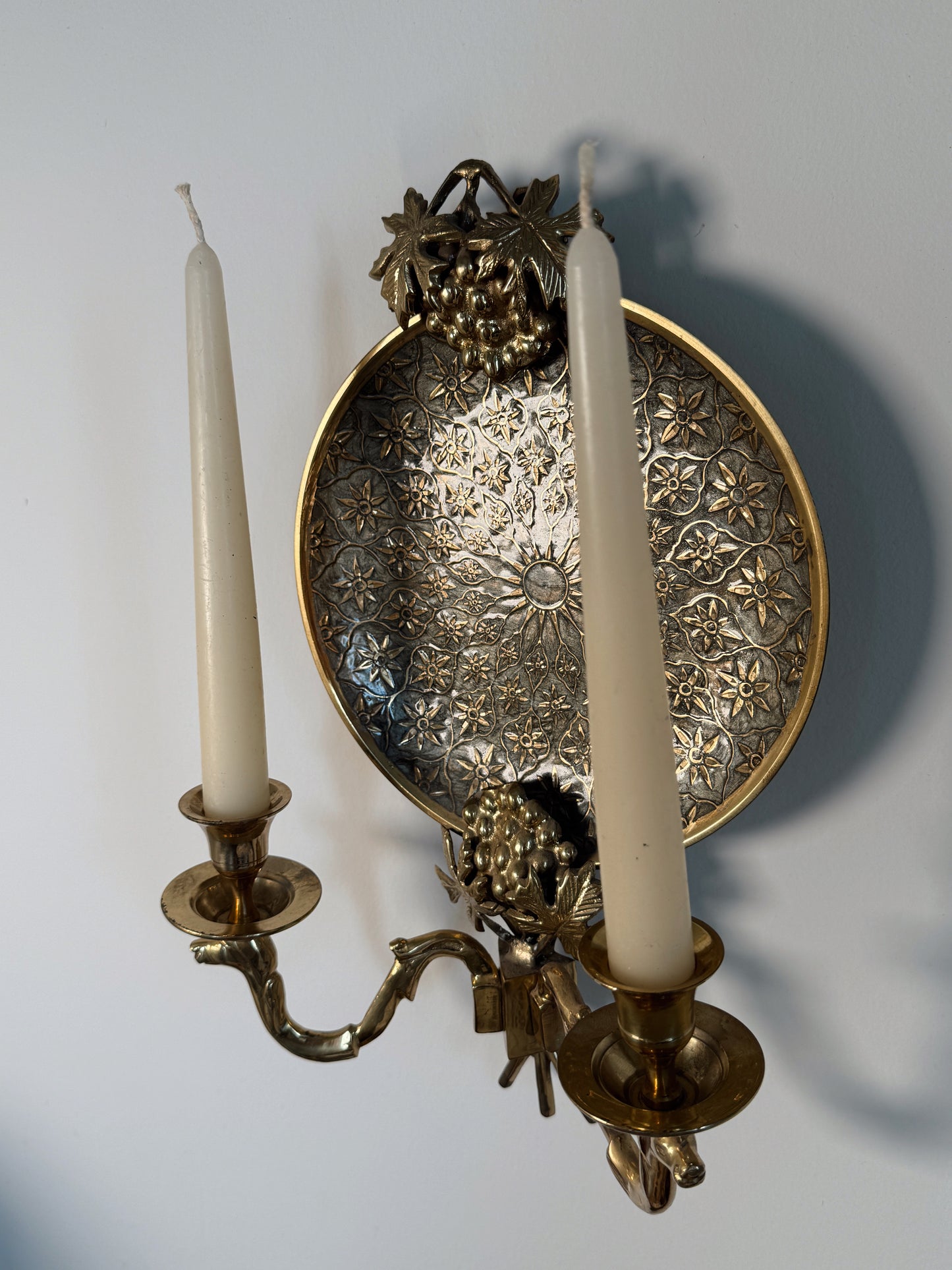 Vintage Solid Brass Wall Sconces Made in India– Grape & Vine Motif – Heavy – Set of 2