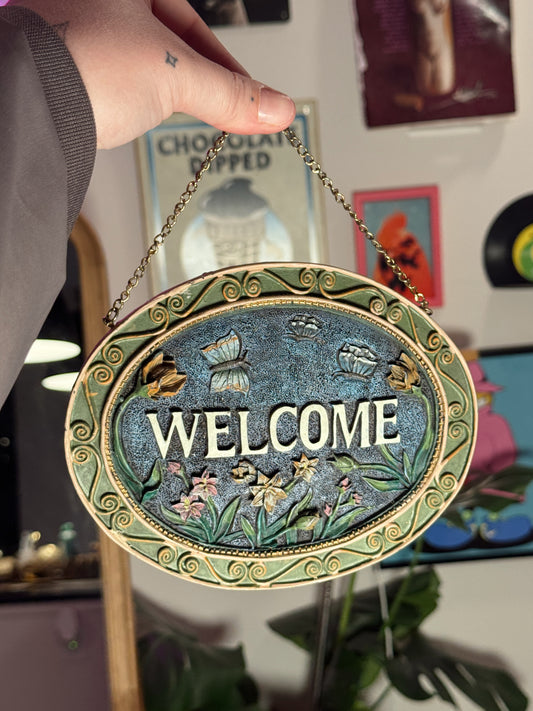Vintage Floral “Welcome” Wall Hanging • Garden Cottage Style Decor • 6.5” x 5.5”