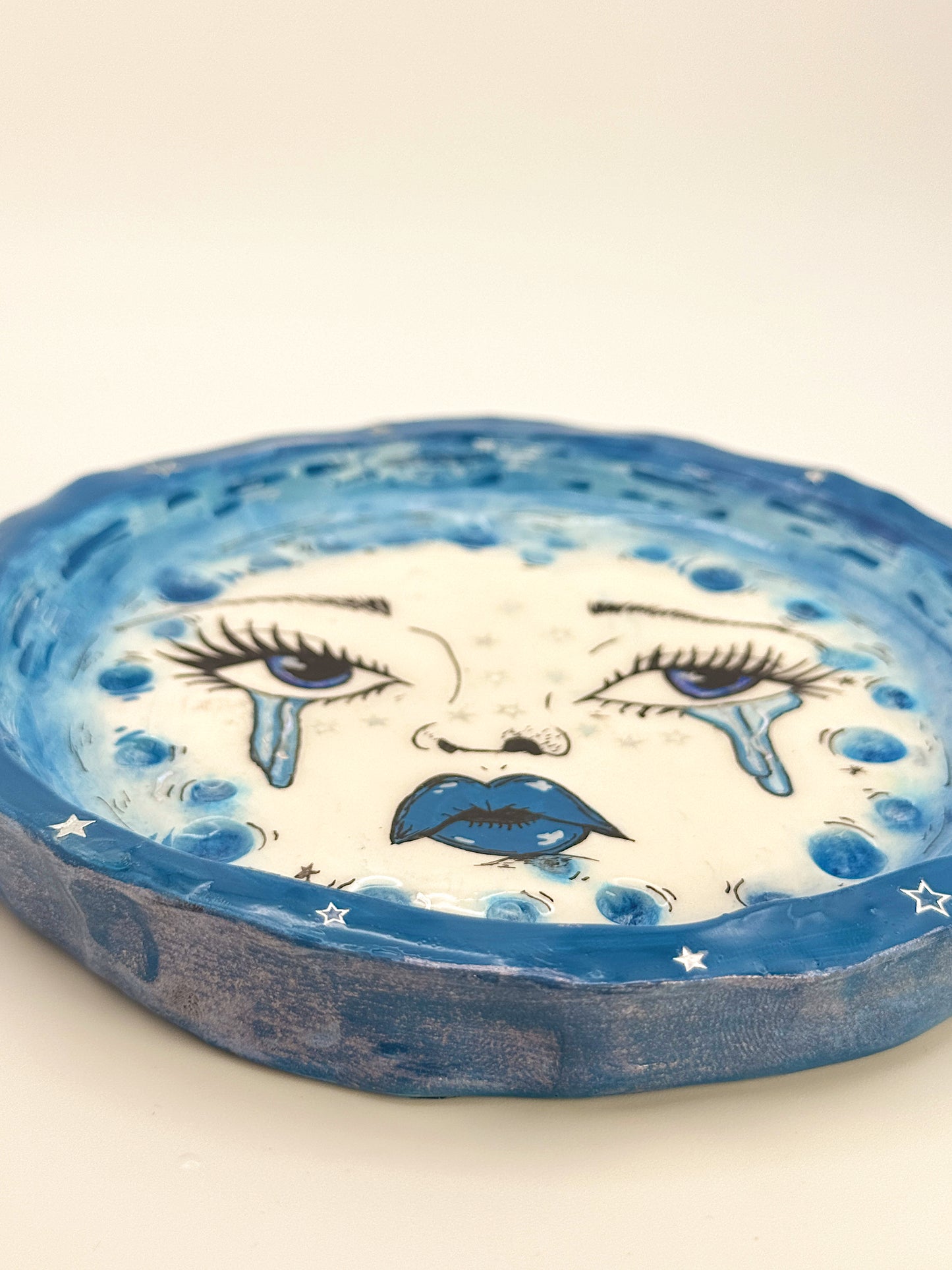 Crying Moon Trinket Dish – Hand-Painted Celestial Face (5.5”)